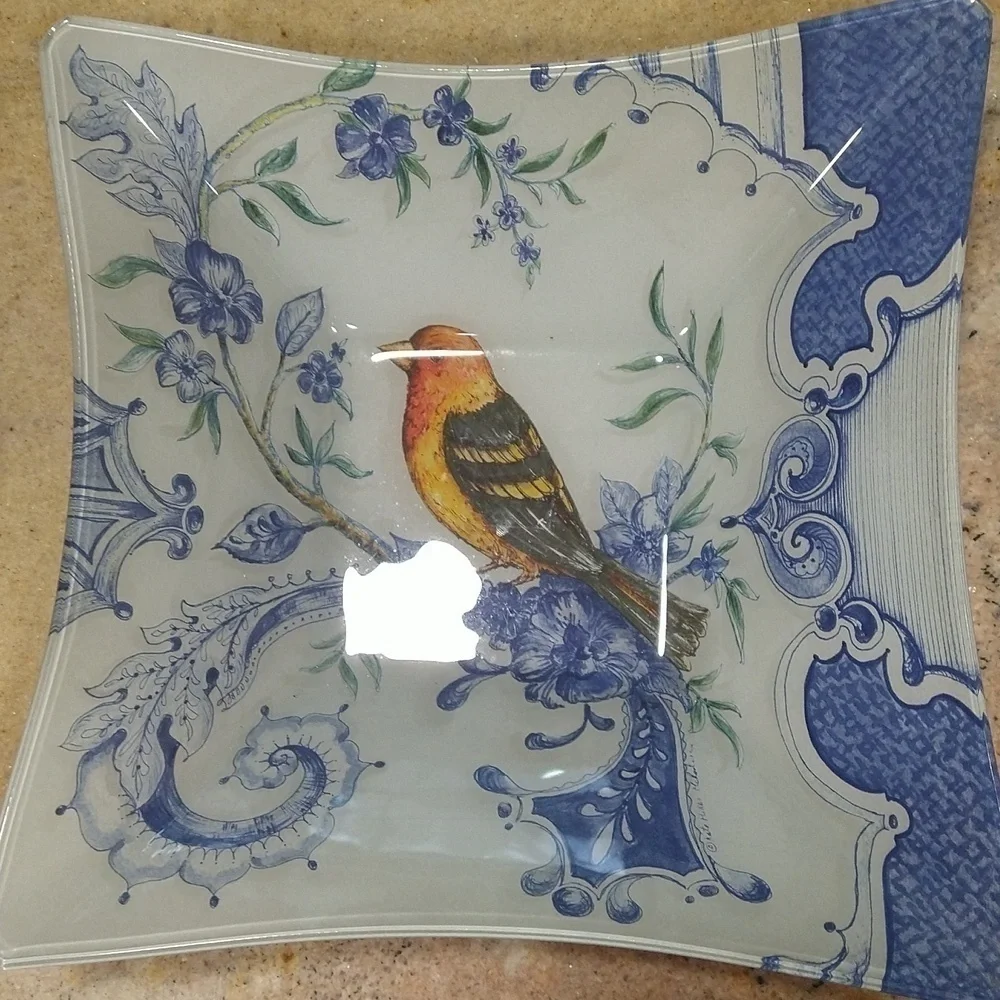 Decoupage decorative bird glass dish bowl blue white grand millennial 10 1/2” sq